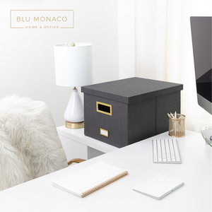 Load image into Gallery viewer, Grey Foldable File Storage Box with Lid, Gold Accents, and Metal Rods - Stylish Organizer for Letter and Legal-Size Hanging File Folders - Portable Office Storage Solution and Decorative File Tote
