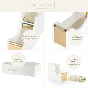 Blu Monaco Gold Tape Dispenser - Elegant White and Gold Office Supplies and Accessories Acrylic Tape Dispenser with Gold Metal Accents