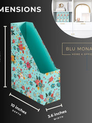 Load image into Gallery viewer, BLU MONACO Floral Magazine Holder Cute Set of 4 Foldable Magazine File Boxes Aqua Floral Pattern with Gold Label Holder- Magazine Rack Desk Organizer, Binder Holder, Vertical File Folder Organizer
