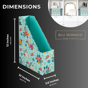 BLU MONACO Floral Magazine Holder Cute Set of 4 Foldable Magazine File Boxes Aqua Floral Pattern with Gold Label Holder- Magazine Rack Desk Organizer, Binder Holder, Vertical File Folder Organizer