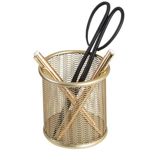 Load image into Gallery viewer, Riviera Gold Pen Holder for Desk - Gold Pen Cup - Gold Pencil Cup - Gold Brush Holder with Metal Mesh Design

