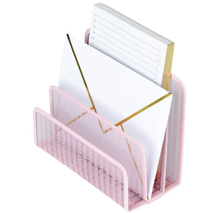 Pink Metal Mesh Letter Sorter – 3-Slot Mail Organizer for Desk, Office & Home