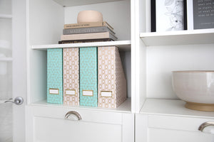 BLU MONACO Set of 4 Foldable Cute Magazine File Holders with Gold Label Holders - 2 Pink and 2 Aqua with Fun Gold Geometric Patterns - Stylish and Durable Magazine Storage for Home and Office