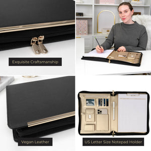 Portfolio Binder - Black Vegan Leather Padfolio for Women - Leather Portfolio Folder with Gold Trim - Portfolio Organizer Notebook - Professional Binder Folio - Business Portfolio Case - Gold Zipper