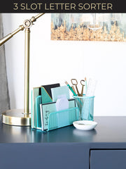 Load image into Gallery viewer, Aqua Metal Mesh Letter Sorter – 3-Slot Mail Organizer for Desk, Office &amp; Home
