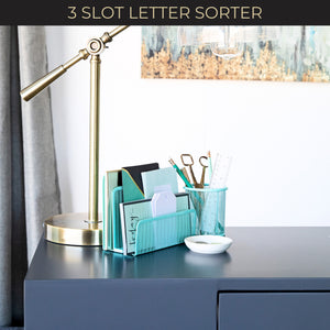 Load image into Gallery viewer, Aqua Metal Mesh Letter Sorter – 3-Slot Mail Organizer for Desk, Office &amp; Home
