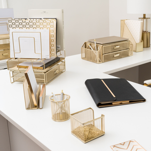 Gold Desk Organizer - Gold Desk Accessories for Women Office Set Includes Detachable File Organizer, Stackable Paper Tray, Stackable Drawer - Gold Office Supplies for Desk Gold File Organizer for Desk