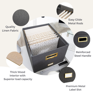 Load image into Gallery viewer, Grey Foldable File Storage Box with Lid, Gold Accents, and Metal Rods - Stylish Organizer for Letter and Legal-Size Hanging File Folders - Portable Office Storage Solution and Decorative File Tote
