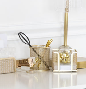Load image into Gallery viewer, Riviera Gold Pen Holder for Desk - Gold Pen Cup - Gold Pencil Cup - Gold Brush Holder with Metal Mesh Design
