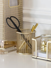 Load image into Gallery viewer, Riviera Gold Pen Holder for Desk - Gold Pen Cup - Gold Pencil Cup - Gold Brush Holder with Metal Mesh Design

