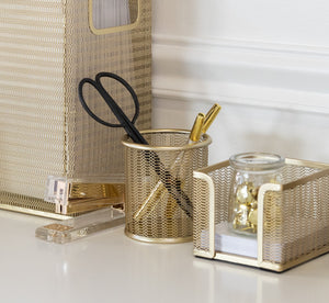 Load image into Gallery viewer, Riviera Gold Pen Holder for Desk - Gold Pen Cup - Gold Pencil Cup - Gold Brush Holder with Metal Mesh Design
