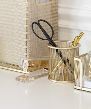 Load image into Gallery viewer, Riviera Gold Pen Holder for Desk - Gold Pen Cup - Gold Pencil Cup - Gold Brush Holder with Metal Mesh Design
