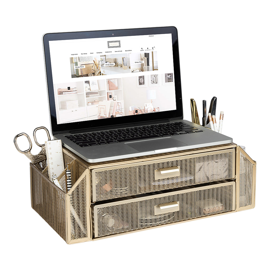 Gold Monitor Stand with Drawers | Blu Monaco