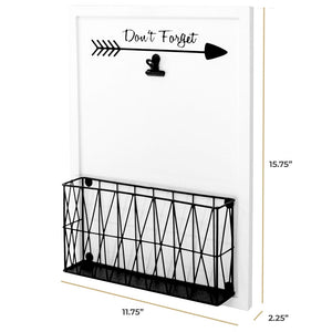 Wall Mount Mail Organizer with Note Clip - White Wood with Black Metal Basket