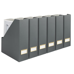 BLU MONACO Foldable Grey Magazine File Holder with Gold Label Holder - Set of 6 Cardboard Magazine File Boxes Desk File Organizer