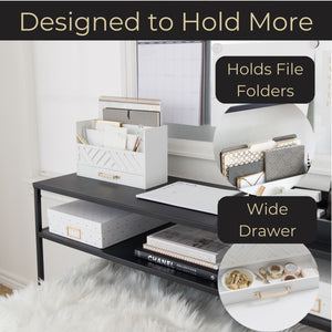 White Wood Desk Organizer with Drawer and Gold Handle