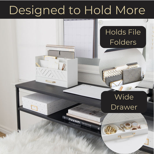 White Wood Desk Organizer with Drawer and Gold Handle