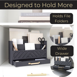 Grey Wood Desk Organizer with Drawer and Gold Handle