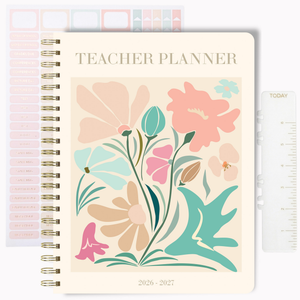 Load image into Gallery viewer, 2026–2027 Teacher Planner – NEW Floral Cover | Academic Year Lesson Plan Book for Teachers | July 2026–June 2027 | Monthly &amp; Weekly Planning, Stickers, Pocket &amp; Snap‑In Bookmark
