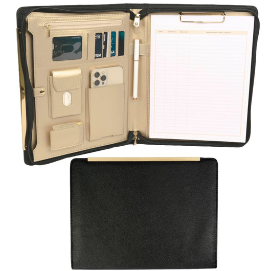 Portfolio Binder - Black Vegan Leather Padfolio for Women - Leather Portfolio Folder with Gold Trim - Portfolio Organizer Notebook - Professional Binder Folio - Business Portfolio Case - Gold Zipper