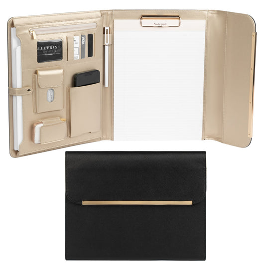 Portfolio Binder - Black Vegan Leather Padfolio for Women - Leather Portfolio Folder with Gold Trim - Portfolio Organizer Notebook - Professional Binder Folio - Business Portfolio Case by Blu Monaco