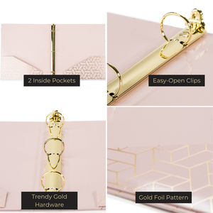 Geometric Gold Foil Lighter Pink Binder 3 Ring - Set of 2-1 Inch Binders 3 Ring - 3 Ring Binders - 3 Ring Binders 1 Inch, Three Ring Binder - Cute Binder - Pastel Binder Pink - 3 Hole Cute Binders