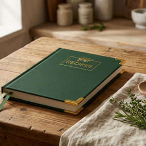 Load image into Gallery viewer, Forest Green Vegan Leather Recipe Book – 100 Recipes, Thick Paper, Storage Pocket, Color Tabs
