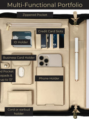 Load image into Gallery viewer, Portfolio Binder - Black Vegan Leather Padfolio for Women - Leather Portfolio Folder with Gold Trim - Portfolio Organizer Notebook - Professional Binder Folio - Business Portfolio Case - Gold Zipper
