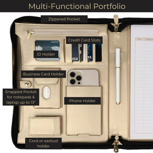 Load image into Gallery viewer, Portfolio Binder - Black Vegan Leather Padfolio for Women - Leather Portfolio Folder with Gold Trim - Portfolio Organizer Notebook - Professional Binder Folio - Business Portfolio Case - Gold Zipper
