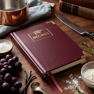 Load image into Gallery viewer, Merlot Vegan Leather Recipe Book – 100 Recipes, Thick Paper, Storage Pocket, Color Tabs
