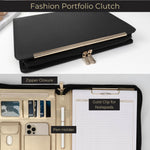 Load image into Gallery viewer, Portfolio Binder - Black Vegan Leather Padfolio for Women - Leather Portfolio Folder with Gold Trim - Portfolio Organizer Notebook - Professional Binder Folio - Business Portfolio Case - Gold Zipper
