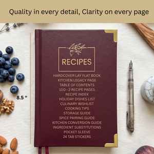 Load image into Gallery viewer, Merlot Vegan Leather Recipe Book – 100 Recipes, Thick Paper, Storage Pocket, Color Tabs
