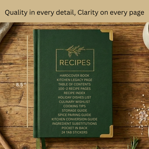Load image into Gallery viewer, Forest Green Vegan Leather Recipe Book – 100 Recipes, Thick Paper, Storage Pocket, Color Tabs
