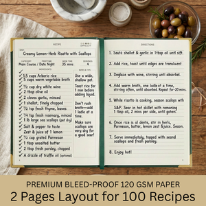 Load image into Gallery viewer, Forest Green Vegan Leather Recipe Book – 100 Recipes, Thick Paper, Storage Pocket, Color Tabs
