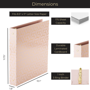Geometric Gold Foil Lighter Pink Binder 3 Ring - Set of 2-1 Inch Binders 3 Ring - 3 Ring Binders - 3 Ring Binders 1 Inch, Three Ring Binder - Cute Binder - Pastel Binder Pink - 3 Hole Cute Binders