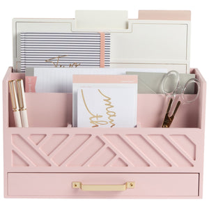 Pink Wood Desk Organizer with Drawer and Gold Handle