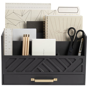 Load image into Gallery viewer, Grey Wood Desk Organizer with Drawer and Gold Handle
