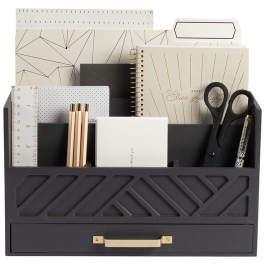 Grey Wood Desk Organizer with Drawer and Gold Handle