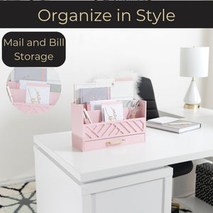 Pink Wood Desk Organizer with Drawer and Gold Handle