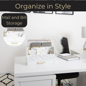 White Wood Desk Organizer with Drawer and Gold Handle