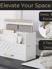 Load image into Gallery viewer, White Wood Desk Organizer with Drawer and Gold Handle
