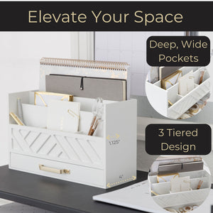 White Wood Desk Organizer with Drawer and Gold Handle