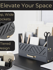 Load image into Gallery viewer, Grey Wood Desk Organizer with Drawer and Gold Handle