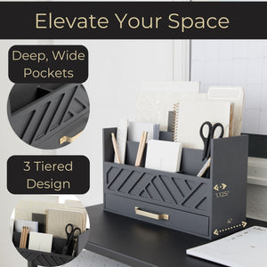 Grey Wood Desk Organizer with Drawer and Gold Handle