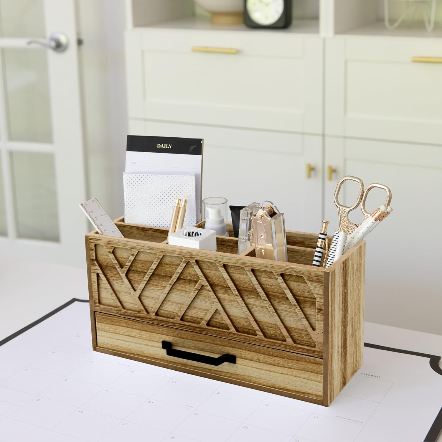 BLU MONACO Natural Wood Desktop Pen Organizer with Drawer - Stylish an