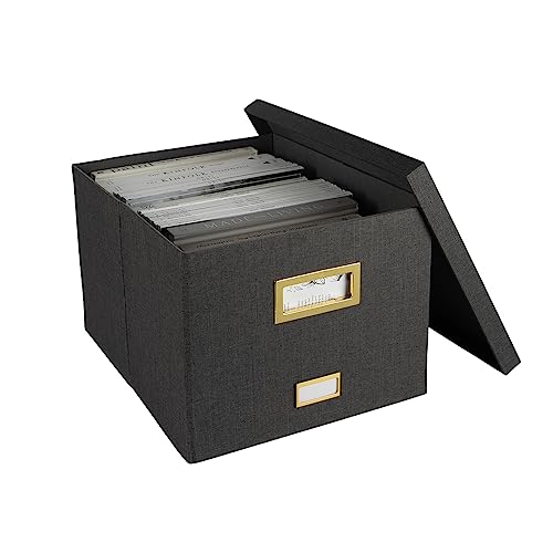 Grey Foldable File Storage Box with Lid, Gold Accents, and Metal Rods