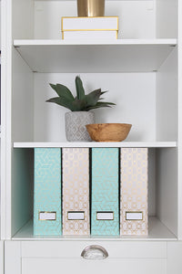 BLU MONACO Set of 4 Foldable Cute Magazine File Holders with Gold Label Holders - 2 Pink and 2 Aqua with Fun Gold Geometric Patterns - Stylish and Durable Magazine Storage for Home and Office