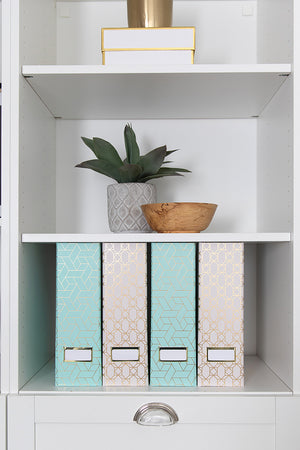 Load image into Gallery viewer, BLU MONACO Set of 4 Foldable Cute Magazine File Holders with Gold Label Holders - 2 Pink and 2 Aqua with Fun Gold Geometric Patterns - Stylish and Durable Magazine Storage for Home and Office
