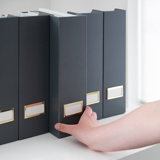 BLU MONACO Foldable Grey Magazine File Holder with Gold Label Holder - Set of 6 Cardboard Magazine File Boxes Desk File Organizer