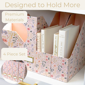 Foldable Magazine File Set of 4 with Floral Boho Design – Decorative Cardboard Magazine Organizer for Home, Office & Dorm Room